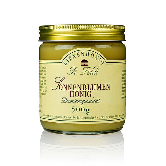 500g jar of Sonnenblumen-Honig, a sunflower honey that is sun-yellow, smooth and creamy, with a mild and aromatic flavor