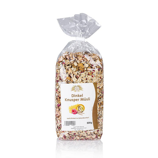 Dinkel Knusper Müsli, hergestellt von Blattert Mühle, 500 g, knackige Getreideflocken und Nüsse, ideal für ein gesundes Frühstück