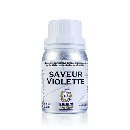 Close-up image of SORIPA Veilchen-Aroma Violette 125 ml bottle, a fragrant and aromatic product perfect for adding a touch of violet essence to your culinary creations (English)