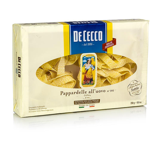 De Cecco Pappardelle mit Ei, No101, 250 g, long, wide egg noodles perfect for savory pasta dishes