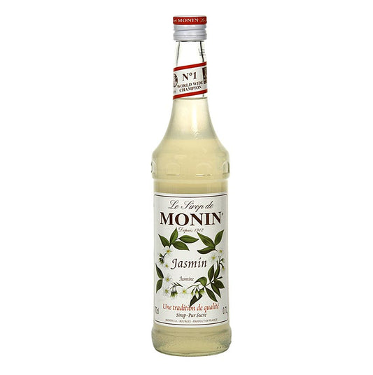 English:

Alt text: A 700 ml bottle of Monin Jasmin Sirup, a sweet and fragrant syrup perfect for adding a floral touch to beverages and desserts