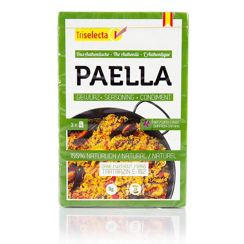 Paellagewürz with real saffron, 3 individual packets each containing 3g, totaling 9g, ideal for adding authentic flavor to paella dishes