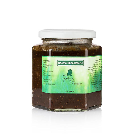 German

Feigen-Walnuss-Cognac Chutney, 390 g - Produktbild der Goethe Chocolaterie, ideal zum Verfeinern von Speisen und als Geschenk für Feinschmecker geeignet