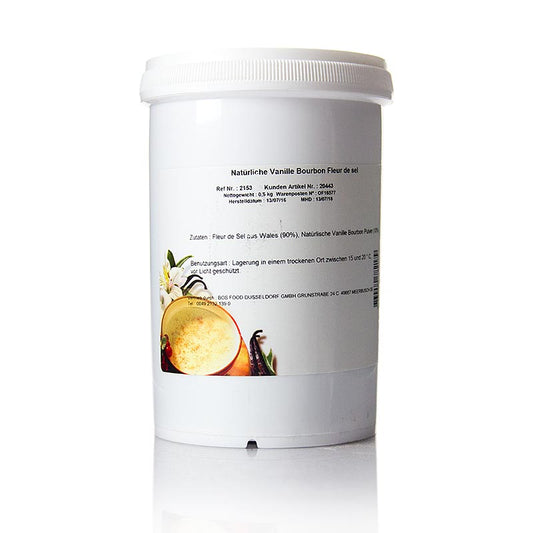 English

Alt text: A 600 g container of Fleur de Sel with Bourbon Vanilla, a high-quality gourmet product perfect for enhancing the flavor of dishes