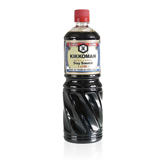 A bottle of Kikkoman Shoyu Soja Sauce, a traditional Japanese soy sauce, 1 liter