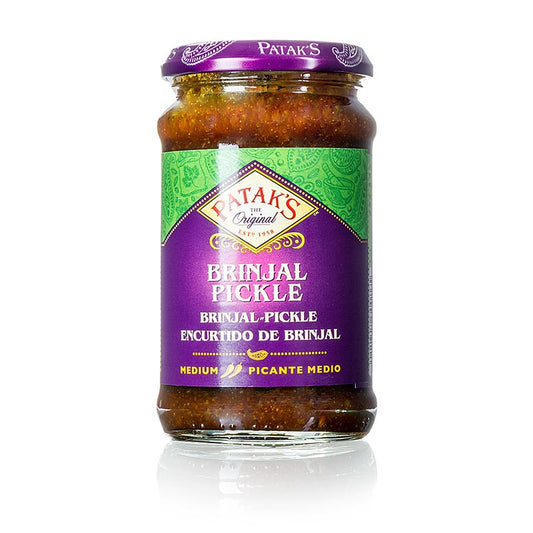 Ein Glas mittelscharfe Brinjal Auberginen Pickle von Patak´s, 312 g