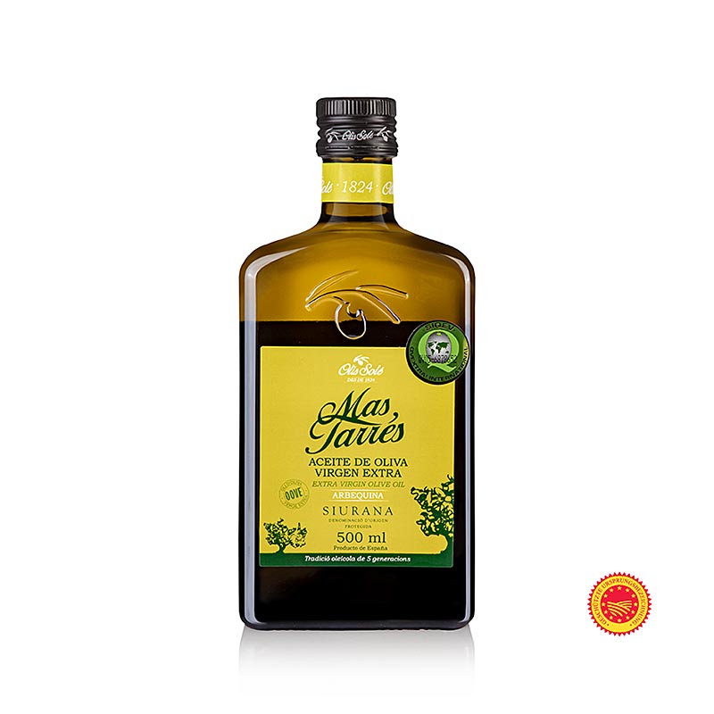 500 ml bottle of Natives Olivenöl Extra, Mas Tarrés Oliva Verde, Arbequina, DOP/gU Siurana, a high-quality unfiltered extra virgin olive oil from Spain, with a rich and fruity flavor profile