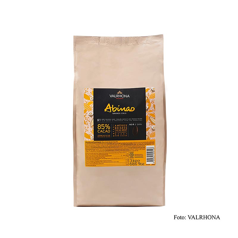 alt=Valrhona Abinao Grand Cru dark chocolate couverture callets with 85% cocoa content, sourced from Africa, comes in a 3 kg package