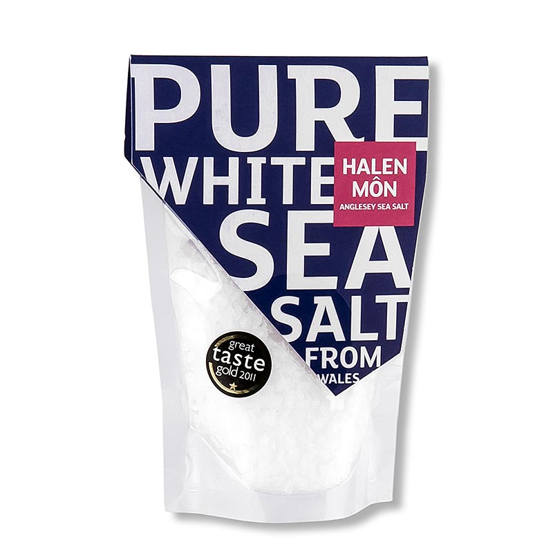 Hand-harvested Halen Môn sea salt flakes from Wales, 100g packaging (English)