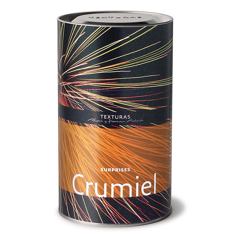 Close-up image of 400g Crumiel (crystallized honey) Texturas Surprises Ferran Adrià product packaging (English)