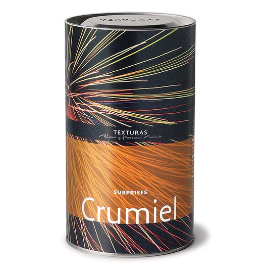 Close-up image of 400g Crumiel (crystallized honey) Texturas Surprises Ferran Adrià product packaging (English)