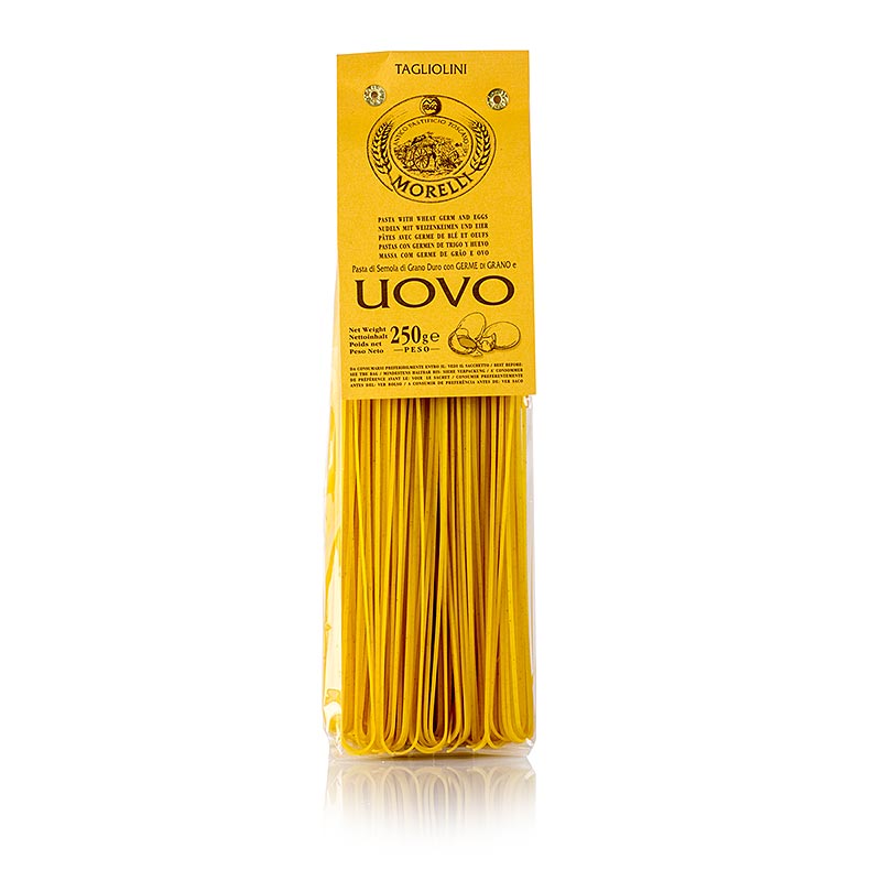 Morelli 1860 Tagliolini al Uovo, mit Ei und Weizenkeimen, 250 g, is a traditional Italian pasta made with egg and wheat germ, perfect for creating delicious and authentic Italian dishes