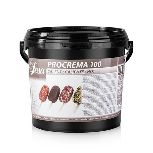 Pro Crema 100 heiß, Stabilisator für Eiscreme, 3 kg - Produktbild, das die Verpackung und Anwendung des Stabilisators für die Herstellung von heißer Eiscreme zeigt