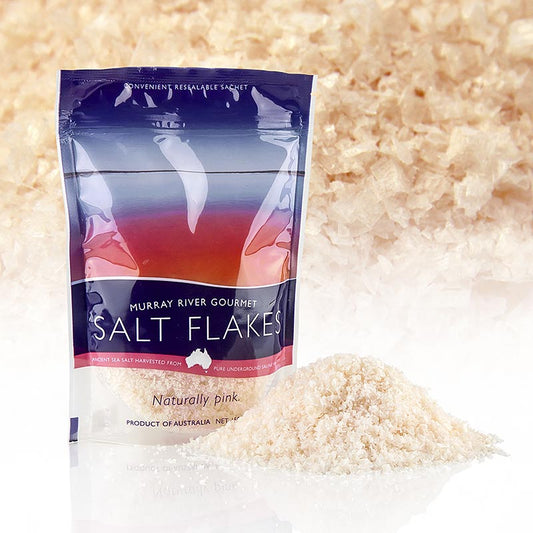 150g pack of Murray River pink salt flakes, also known as rosa Solesalz-Flakes, sourced from Australia