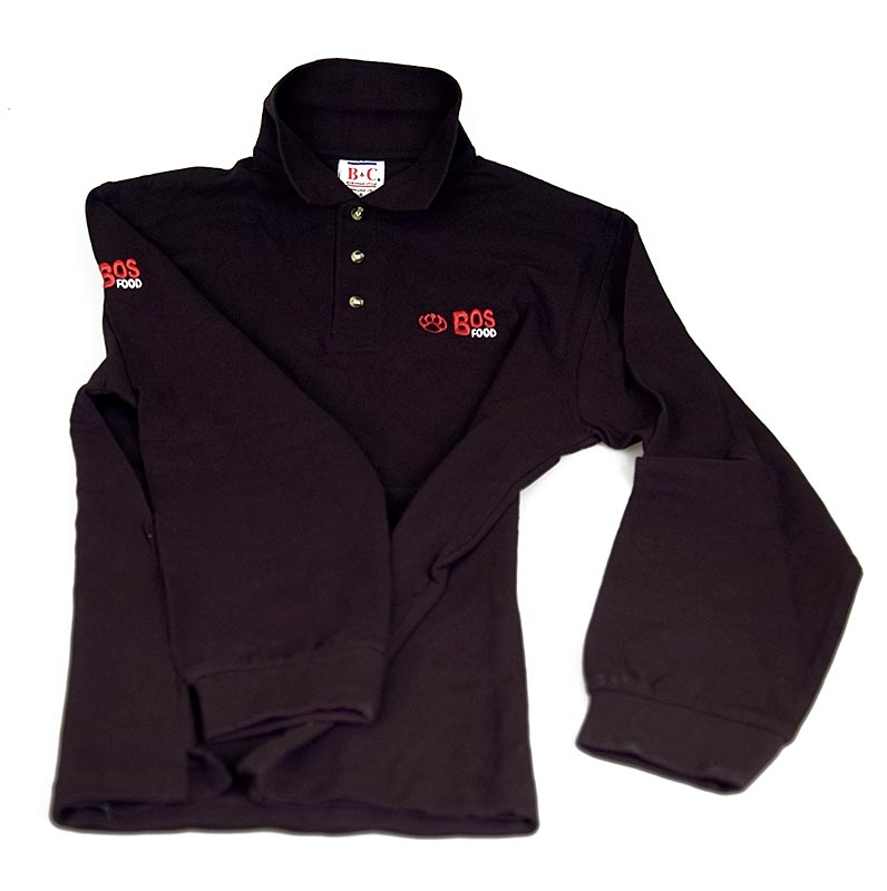 Black unisex long-sleeve BOS FOOD Polo-Shirt with embroidered logo, XL