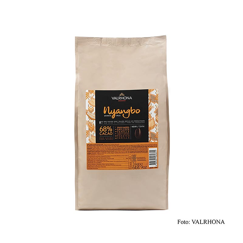 A 3kg bag of Valrhona Nyangbo Grand Cru dark chocolate couverture callets, with 68% cocoa content, sourced from Ghana