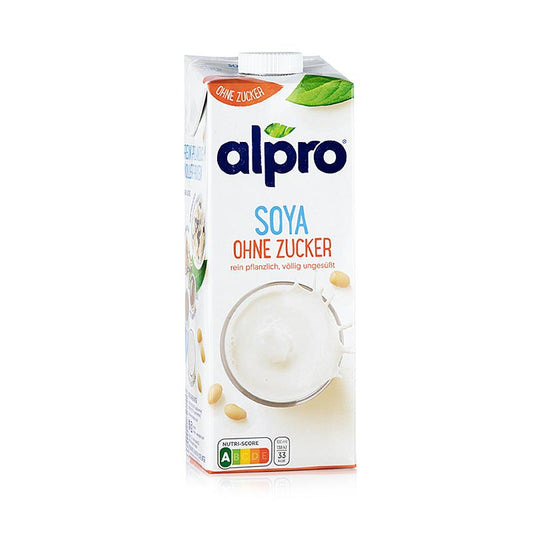 A 1-liter bottle of Alpro unsweetened soya drink, a healthy alternative beverage