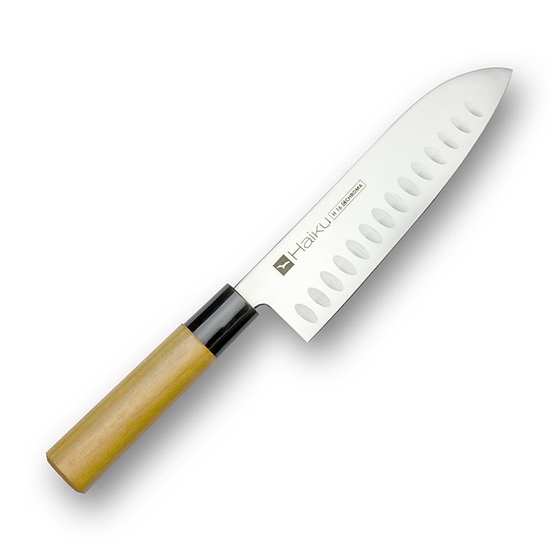 German

Alt-Text: Hochwertiges Haiku Original H-16 Santoku Messer mit 17cm Klingenlänge und Kullenschliff, ideal für präzises Schneiden von Fleisch, Fisch und Gemüse