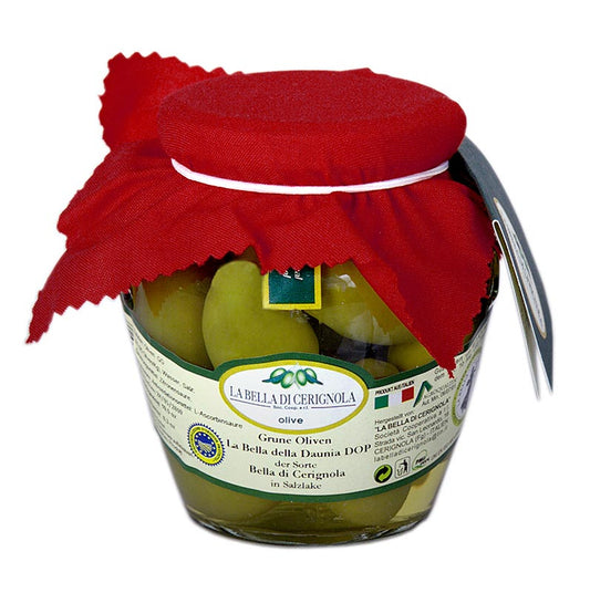 Large green olives with pits, known as Bella di Cerignola variety, preserved in brine, 300 grams