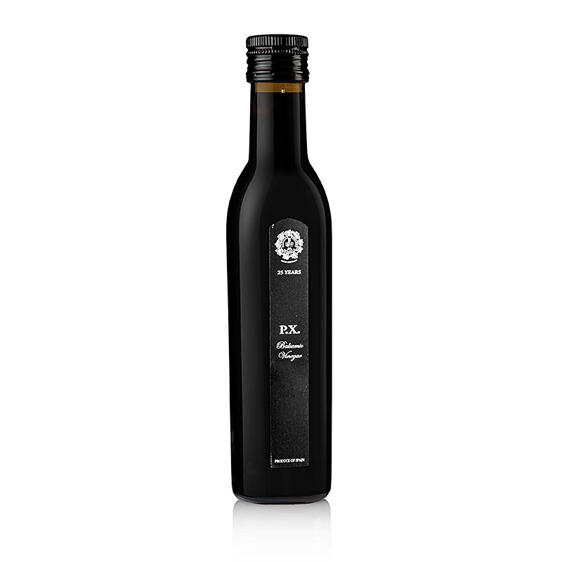 German:
250 ml Flasche hochwertiger PX Balsamico-Essig vom Pedro Ximénez Sherry, gereift für 25 Jahre im Solera-Verfahren, mit einem Säuregehalt von 7%