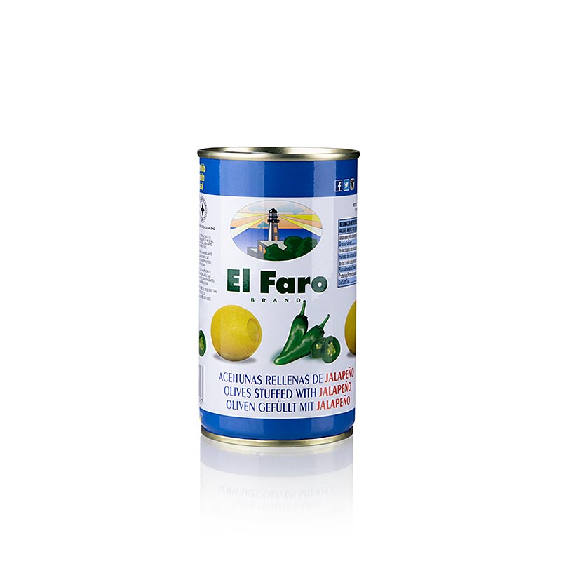 350 g El Faro Grüne Oliven ohne Kern mit Jalapano Chili Produktbild (German)