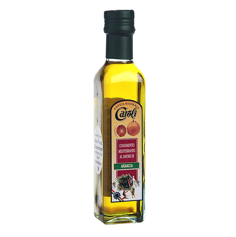 250 ml bottle of Caroli Natives Olivenöl Extra with Orange flavoring, high-quality and aromatic olive oil from southern Italy (English)