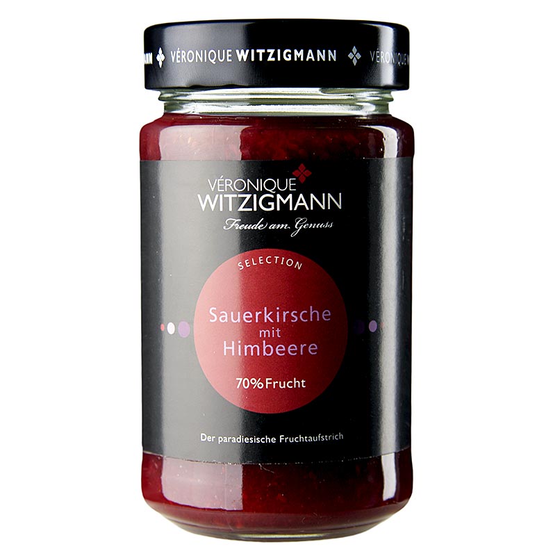 Sauerkirsche mit Himbeere - Fruchtaufstrich, 225 g: Ein leckerer Aufstrich aus saftigen Sauerkirschen und süßen Himbeeren