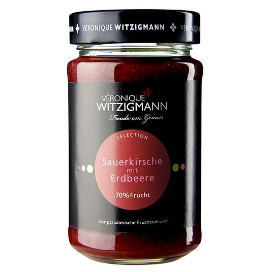 225g jar of Sauerkirsche mit Erdbeere fruit spread with strawberries, a delicious and tangy cherry and strawberry combination