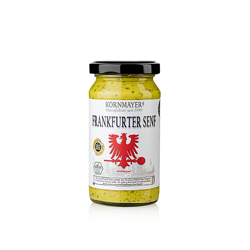 Kornmayer - Frankfurter Senf, mittelscharf, mit Grüne Soße Kräutern, 210 ml - A 210 ml bottle of mildly spicy Frankfurter mustard with green herb sauce