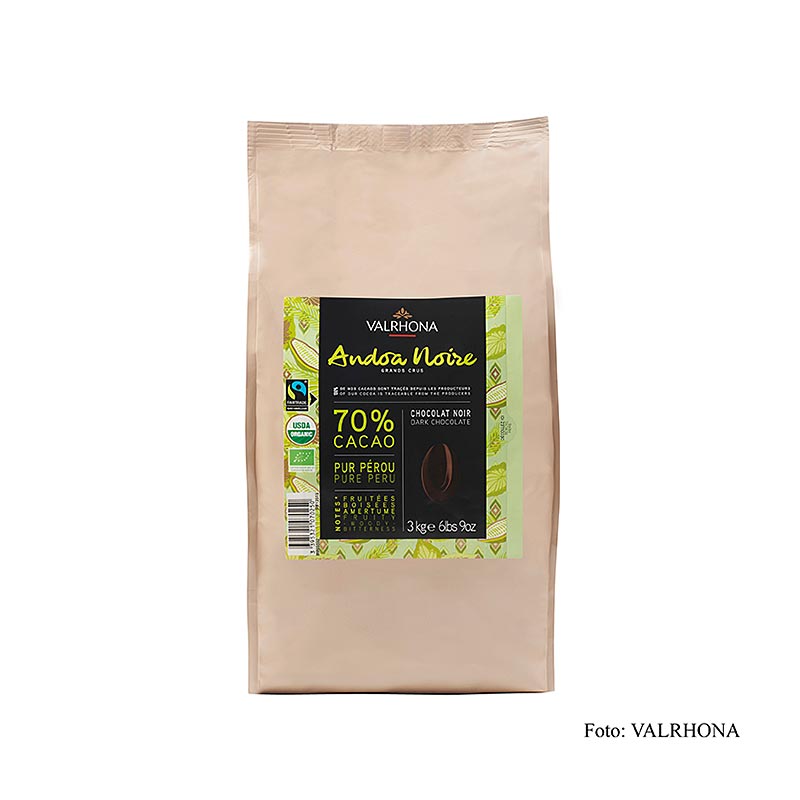 Valrhona Andoa Noire 70% 3 kg Callets, Fairtrade, BIO (12515), 3 kg - high-quality organic fairtrade dark chocolate callets in a 3 kg bag (English)