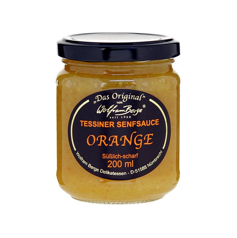 Original Tessiner Orangen-Senf-Sauce, Wolfram Berge, 200 ml - Eine köstliche Sauce aus der Tessiner Küche, hergestellt von Wolfram Berge in einer 200 ml Flasche