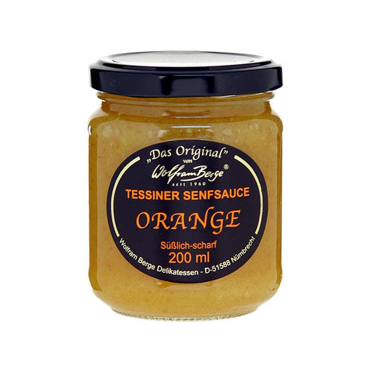 Original Tessiner Orangen-Senf-Sauce, Wolfram Berge, 200 ml - Eine köstliche Sauce aus der Tessiner Küche, hergestellt von Wolfram Berge in einer 200 ml Flasche