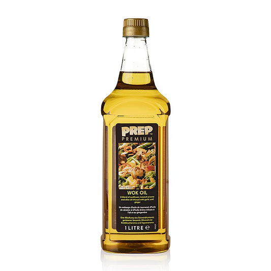 1 liter of Woköl, a stir fry oil blend with sunflower and sesame oil, seasoned with garlic and ginger (English)