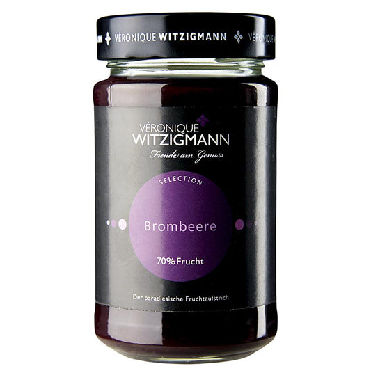 A close-up image of a 225 g jar of Brombeere (Blackberry) Fruchtaufstrich (fruit spread) with a vibrant, deep purple color and a label featuring the product name