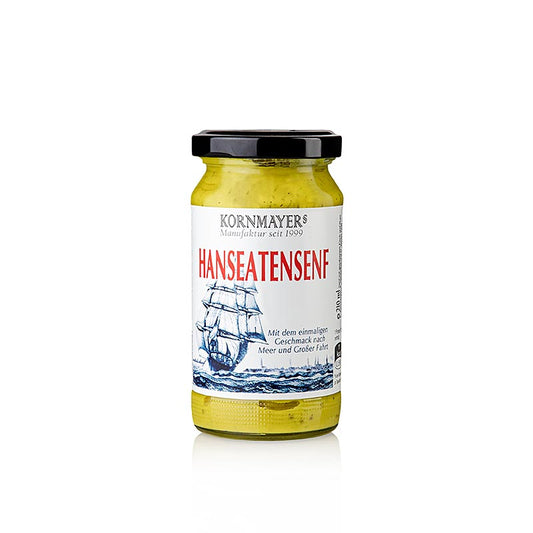 German

Alt text: Kornmayer - Hanseatensenf, mit Sardellenfilets und Rum, 210 ml - eine delikate Senfsauce mit einer Mischung aus Sardellenfilets und Rum in einer praktischen 210 ml Flasche