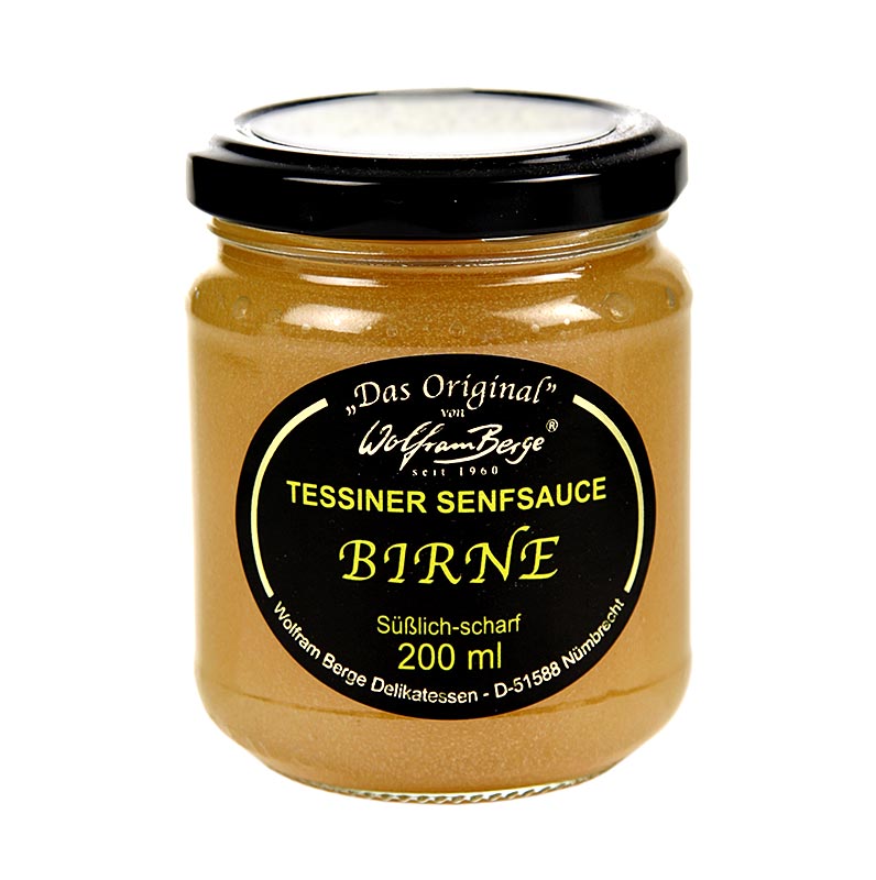 200 ml bottle of Original Tessiner Birnen-Senf-Sauce by Wolfram Berge, a savory pear and mustard sauce perfect for enhancing your favorite dishes