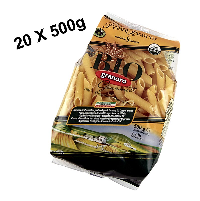 Pasta Granoro, Pennee Rigati No 43, BIO, 10 kg, 20 x 500g - langer Bio-Nudelstrang aus Hartweizengrieß