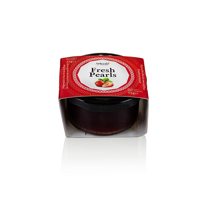 Strawberry flavored fruit caviar with 5mm pearl size, spherical shape, ideal for cocktails, 55g