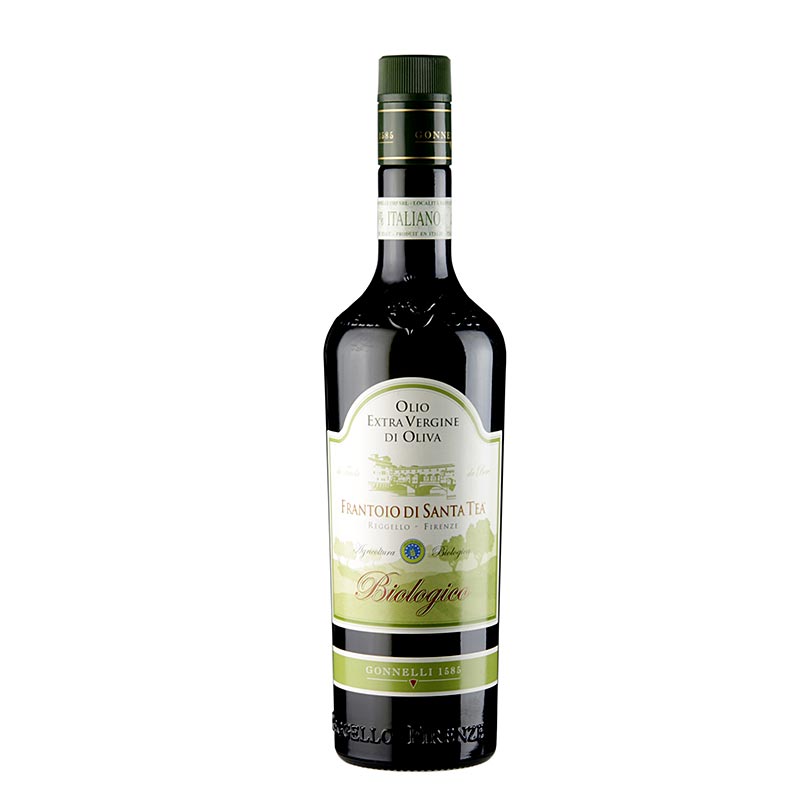 Organic 500 ml bottle of Natives Olivenöl Extra, Frantoio Santa Tea, Gonnelli, with rich green olive oil