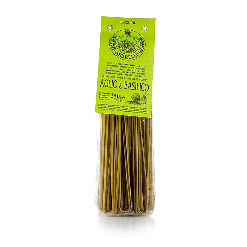 Bild eines 250 g Pakets Morelli 1860 Linguine mit Knoblauch, Basilikum & Weizenkeimen