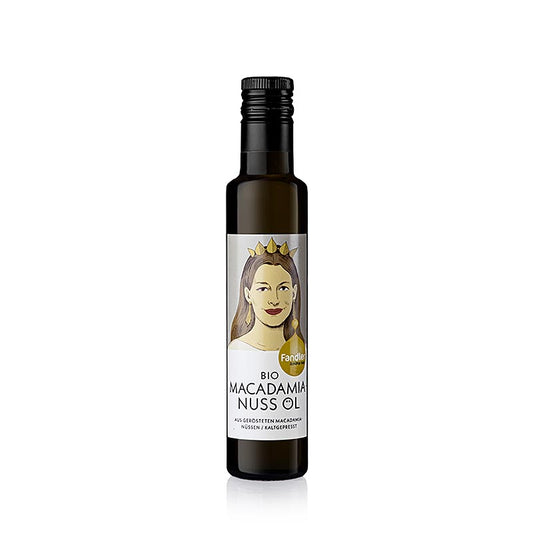 Organic 250 ml cold-pressed macadamia nut oil by Fandler, a high-quality product