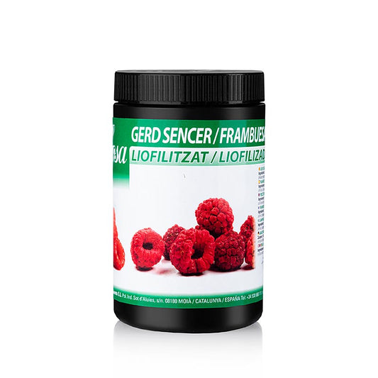 Close-up of Sosa Gefriergetrocknete Himbeeren, ganz (38640), 75 g packaging with vibrant, whole freeze-dried raspberries (German)