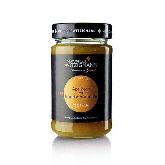 Aprikose mit Bourbon Vanille Fruchtaufstrich, 225 g, made with ripe apricots and rich Bourbon vanilla, perfect for spreading on toast or pastries