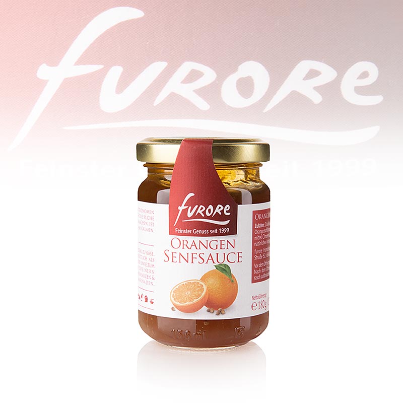 German: Eine Flasche Furore - Orangen-Senf-Sauce, 130 ml, mit fruchtigem Orangengeschmack und würzigem Senf, ideal zum Verfeinern von Gerichten