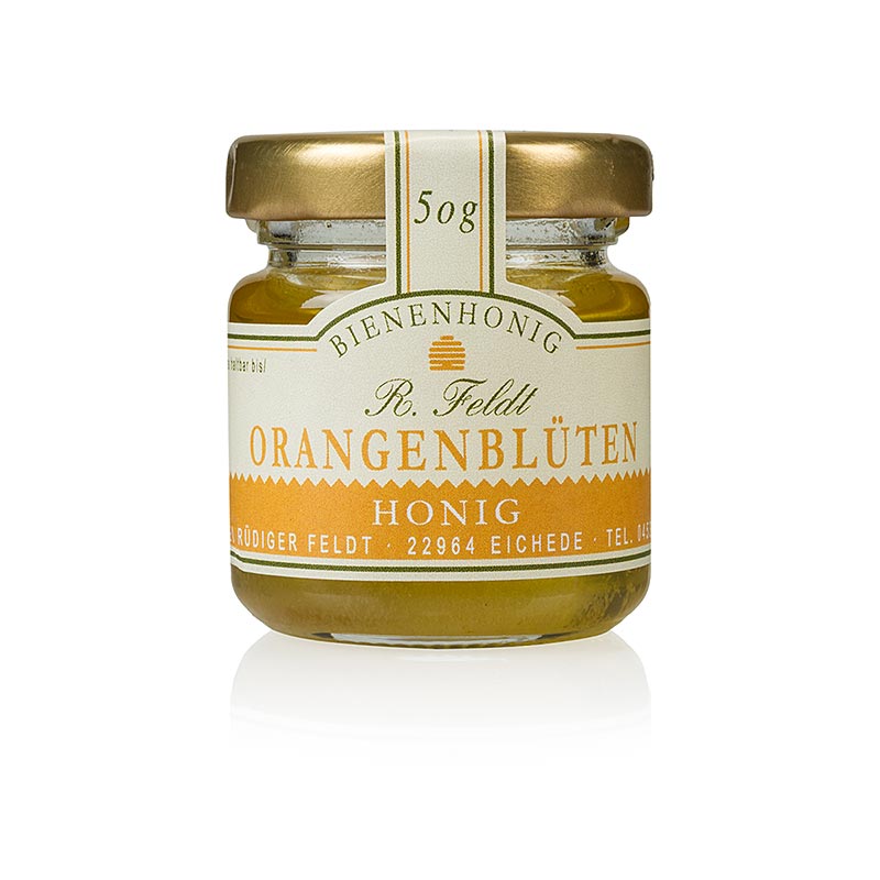 50g portion glass of golden, liquid, sweet Orangenblüten-Honig from Spain