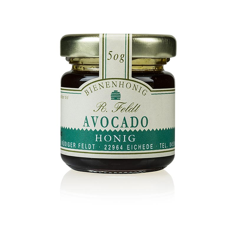 A 50g portion of dark, liquid Avocado-Honey from Mexico with a light plum aroma, packaged in a small glass jar