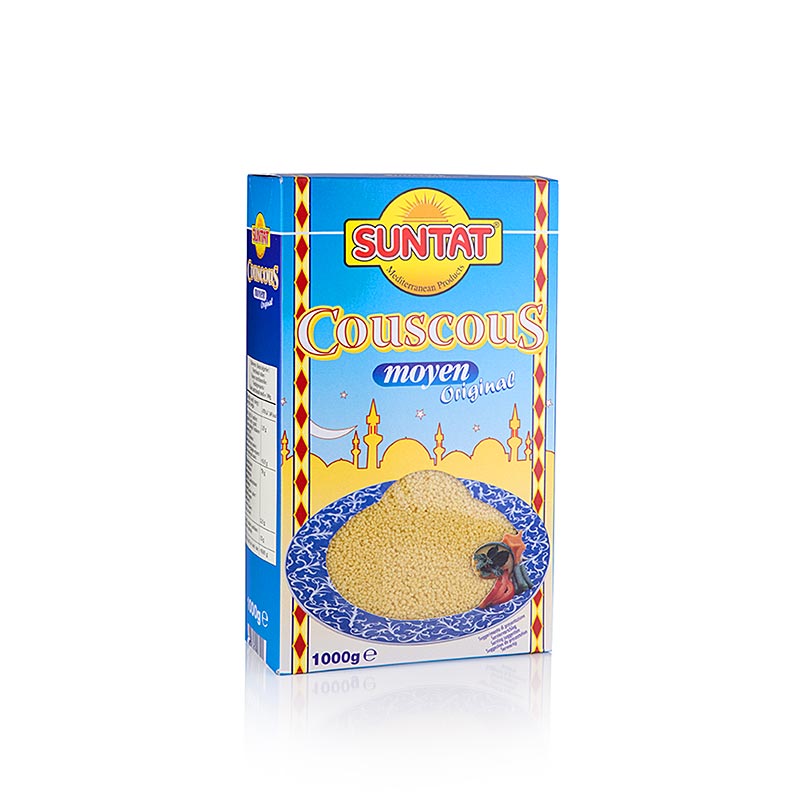 German: Hochwertiger Cous-Cous mittlerer Körnung mit schneller Zubereitungszeit von 5 Minuten, verpackt in einer 1 kg Packung