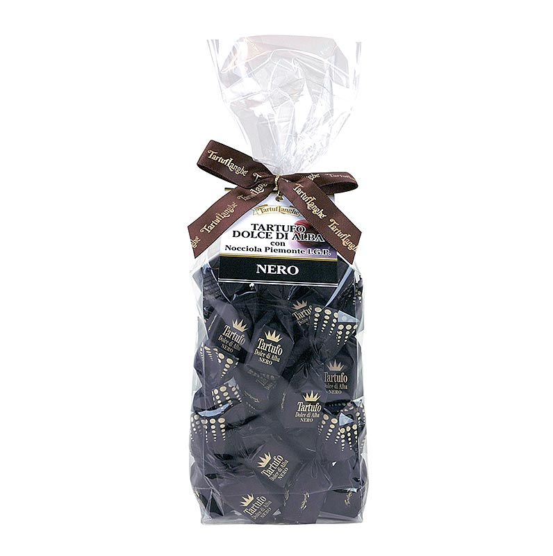 Indulge in the decadent Tartuflanghe Trüffelpralinen - Dolce d´Alba, a luxurious 14g dark chocolate truffle, beautifully presented in a 200g black box