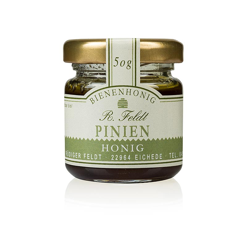 A 50g portion of dark, mild-woody Aegean pine honey in a glass container