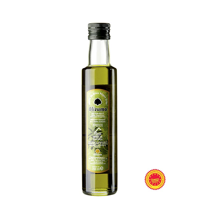 High-quality Natives Olivenöl Extra, Aceites Guadalentin Olizumo DOP/gU made with 100% Picual olives, 250 ml bottle for gourmet cooking and health benefits (English)